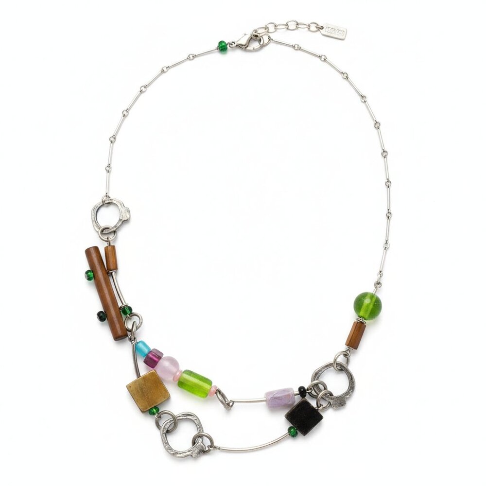 Anne Marie Chagnon -  Multicolor Layered Mixed medium glass beads metal necklace